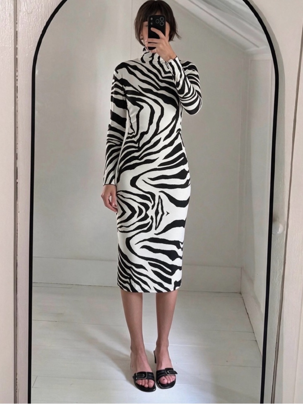 Cavalli Black & White Zebra Print Turtleneck Midi Dress - Picture 13 of 13